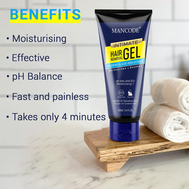 Mancode Intimate Hair Removal Gel for Men – Fast & Painless, Soothing for Unwanted Coarse Pubic Hair, Suitable For All Skin Types - 100ml